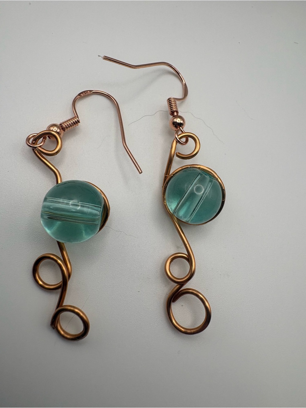 Handmade Copper Wire Earrings with Aqua Glass Beads